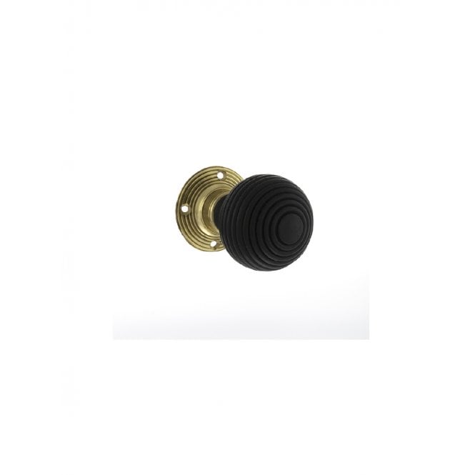 Atlantic Old English Whitby Ebony Wood Reeded Mortice Knob on 60mm Face Fix Rose - Polished Brass