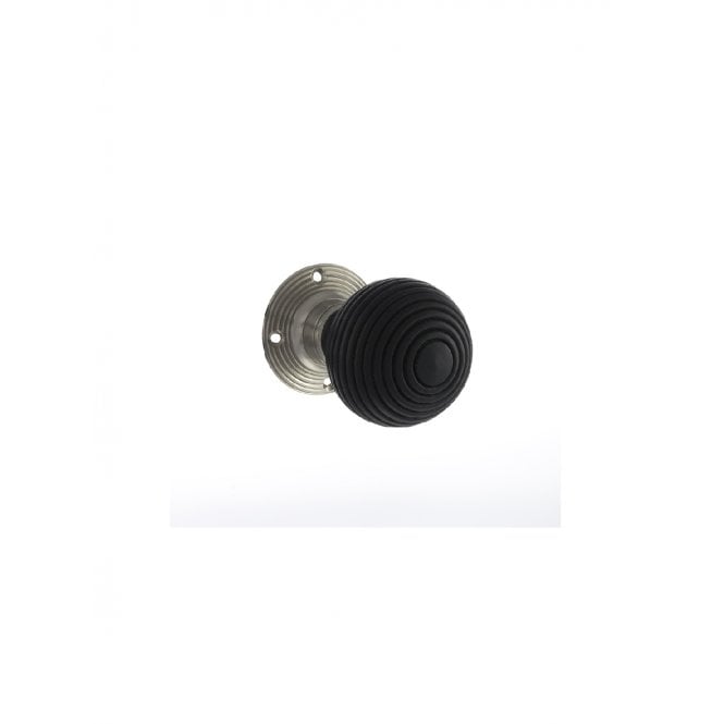 Atlantic Old English Whitby Ebony Wood Reeded Mortice Knob on 60mm Face Fix Rose - Satin Nickel