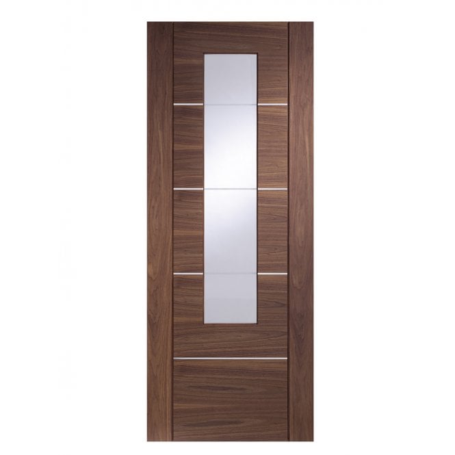 XL Joinery Portici Pre-finished Walnut Etched Clear Internal Glazed Door