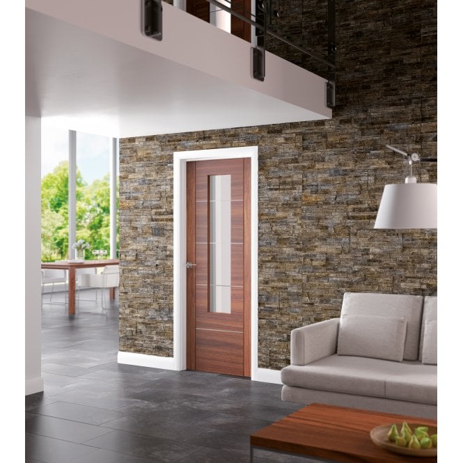 XL Joinery Portici Pre-finished Walnut Etched Clear Internal Glazed Door