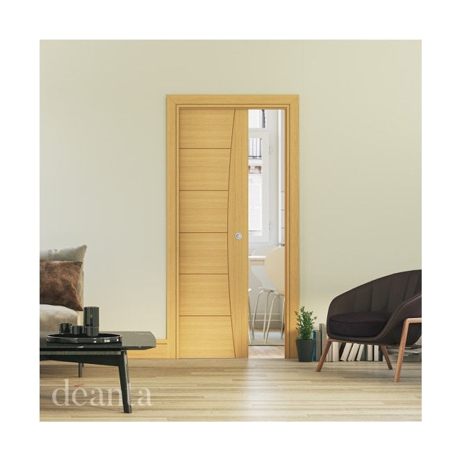 Deanta Single Pocket Door Kit 100mm - Oak Frame / Satin Chrome Hardware