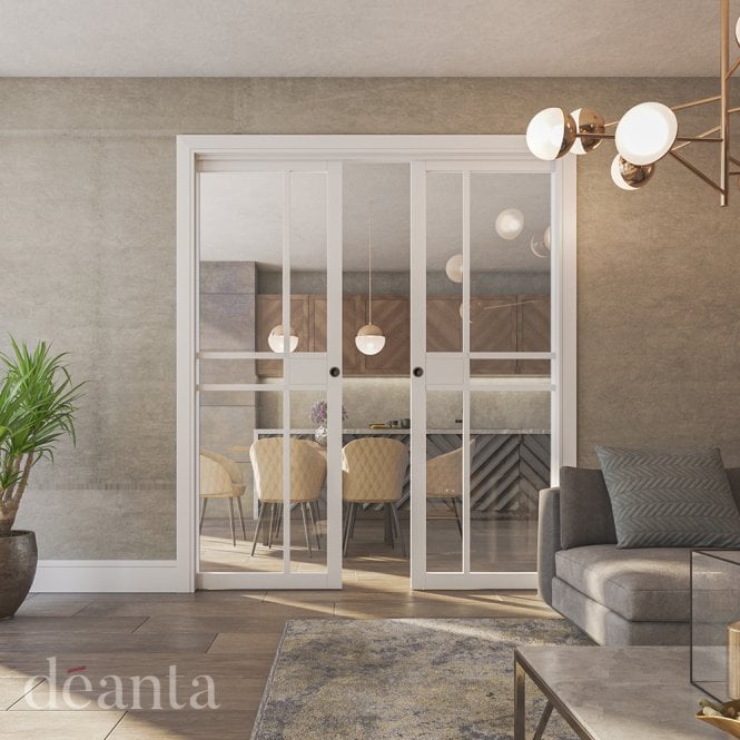 Deanta Double Pocket Door Kit 125mm - White Frame / Satin Chrome Hardware