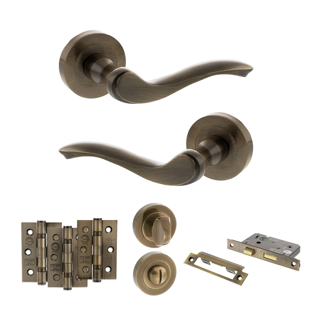 Atlantic Old English Warwick Door Handle Pack Bathroom Set - Antique Brass - Privacy Fire Door Pack