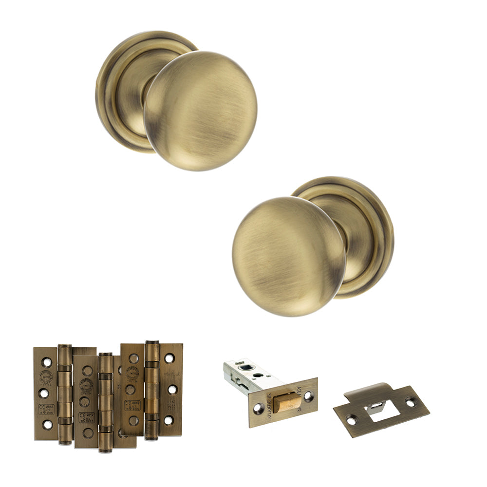 Atlantic Old English Harrogate Door Knob Pack Latch Set - Antique Brass - Fire Door Pack
