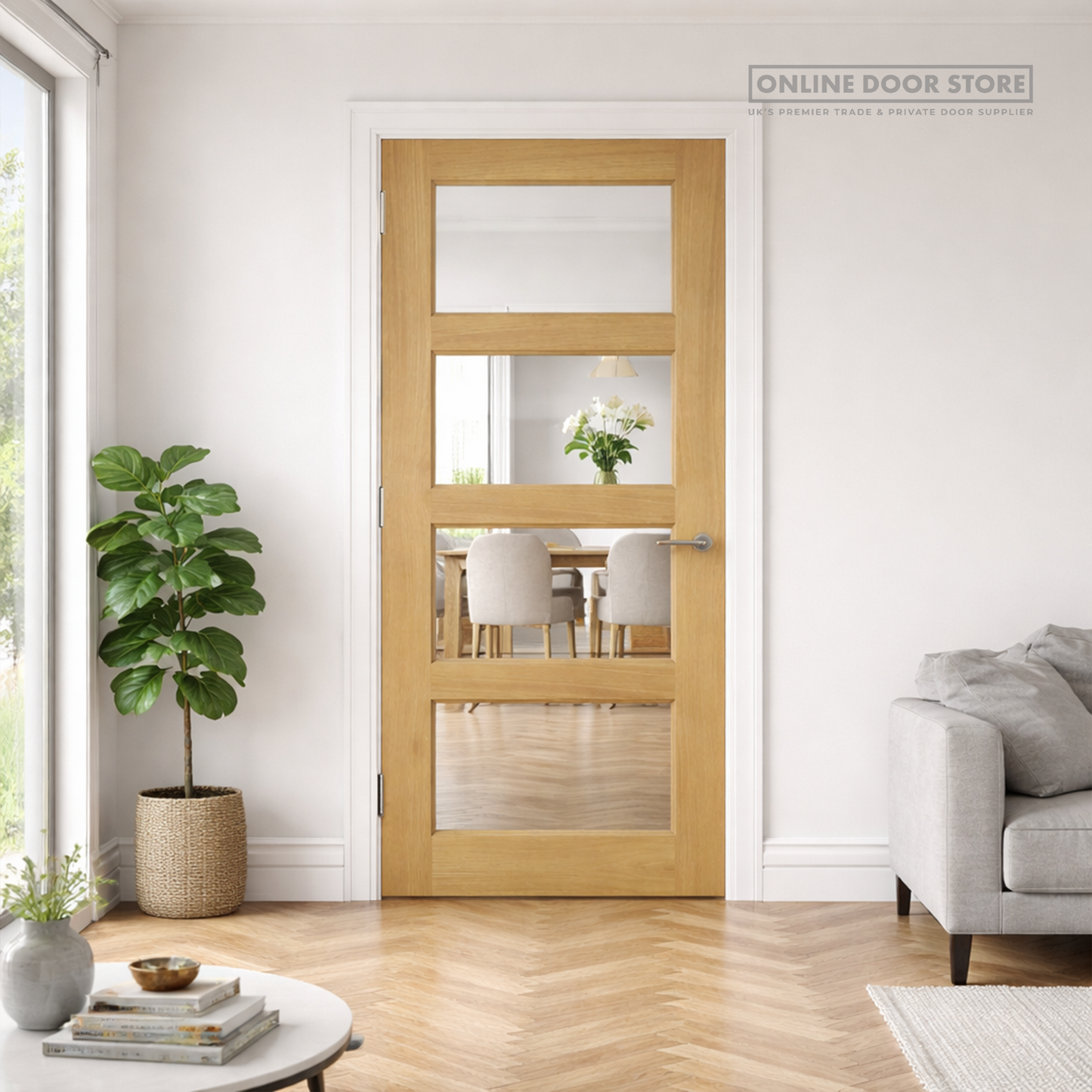 Aster Contemporary Shaker Four Panel Unfinished Oak Internal Glazed Door