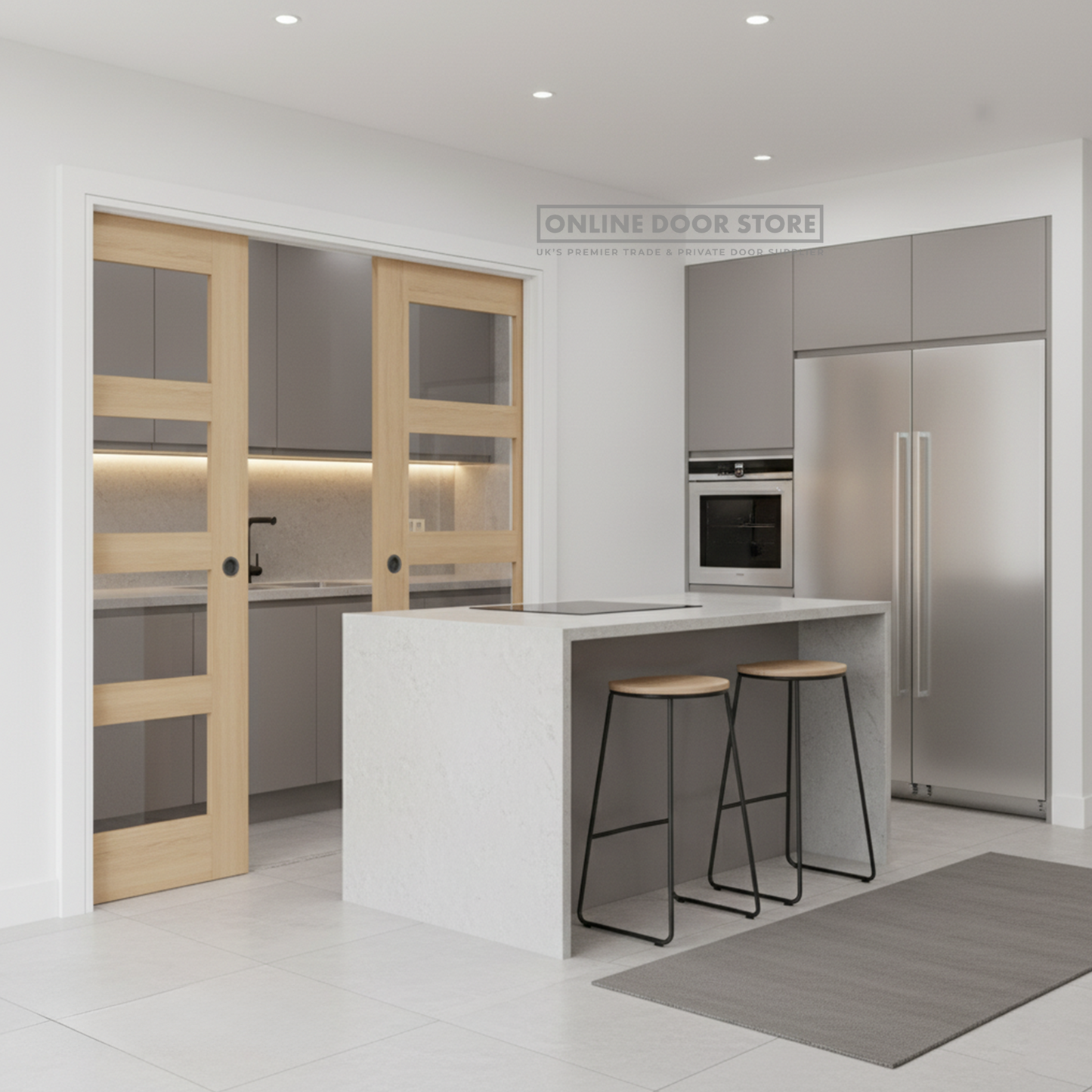 Deanta Double Pocket Door Kit 100mm - Oak Frame / Matt Black Hardware