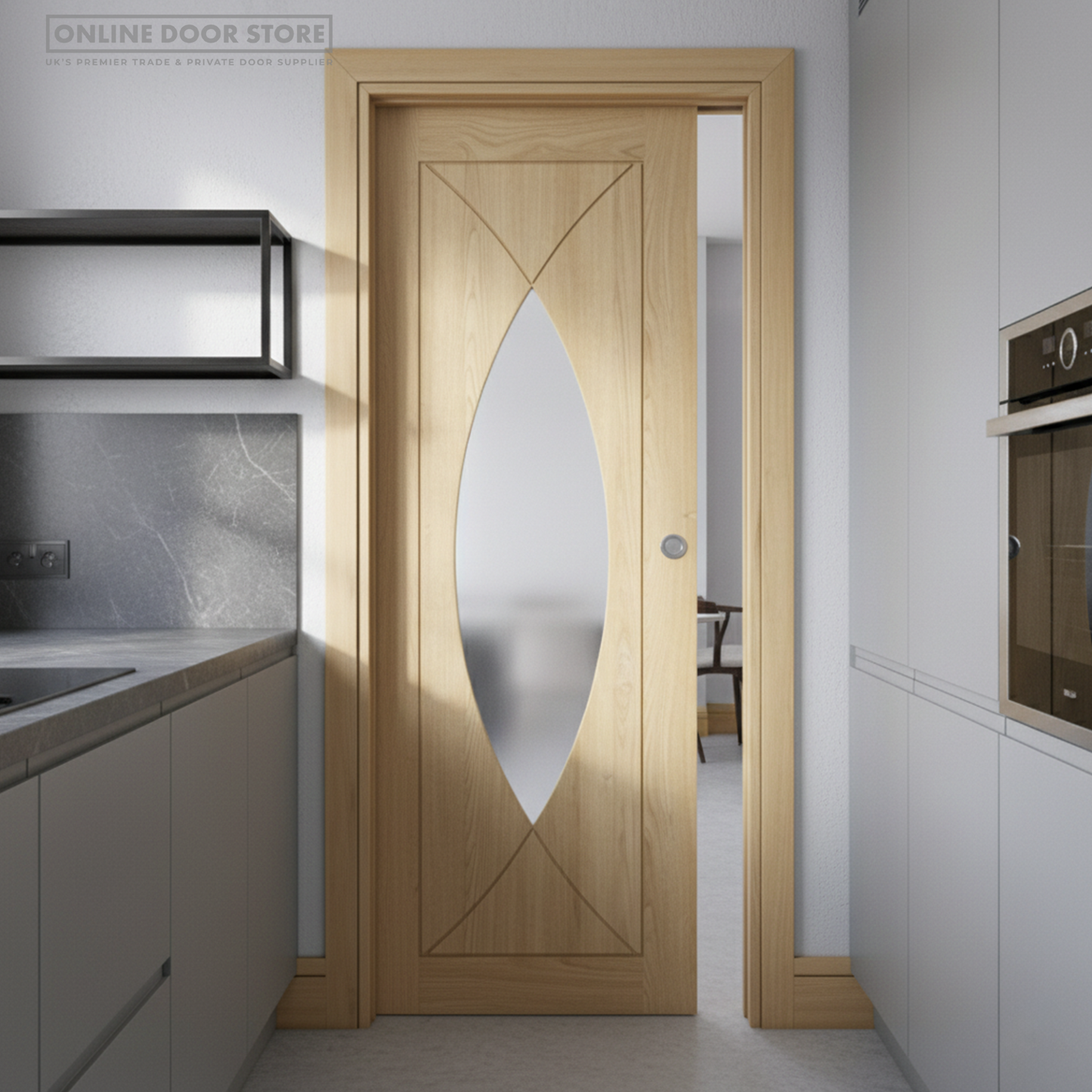 Deanta Single Pocket Door Kit 100mm - Oak Frame / Matt Black Hardware