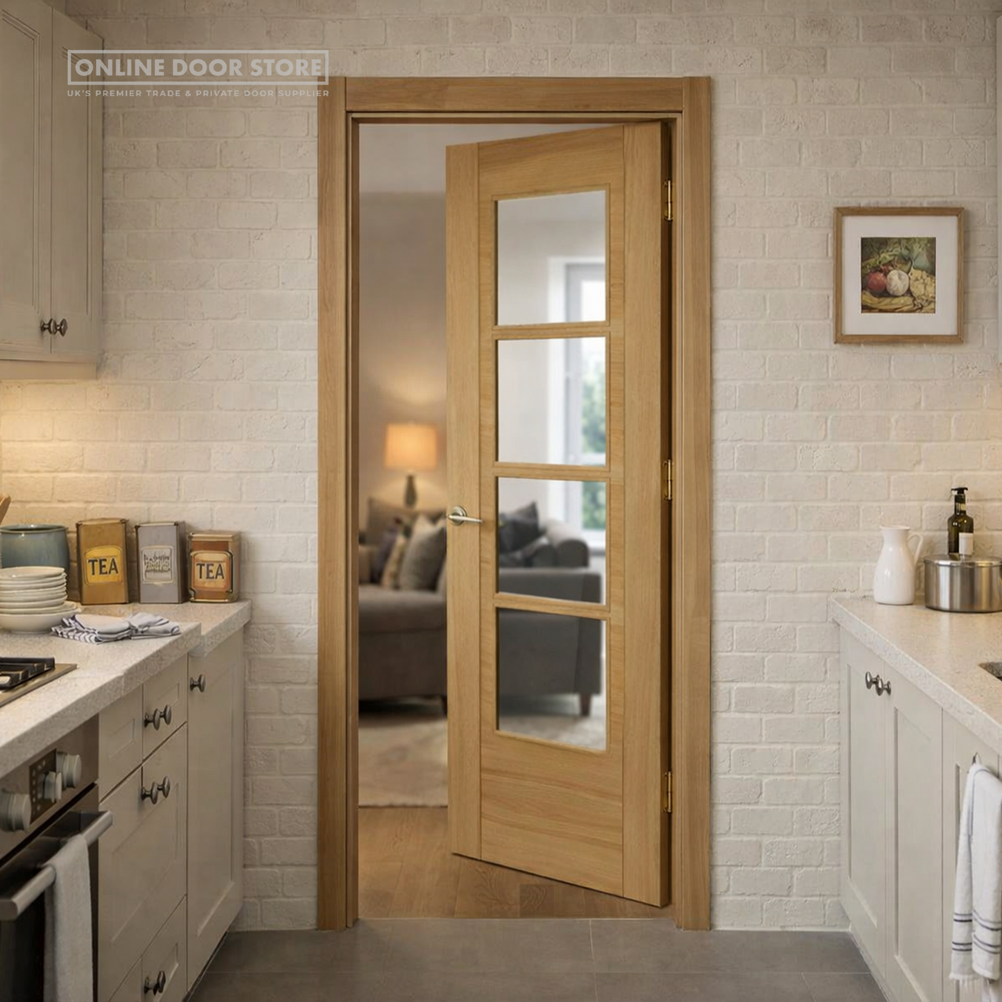 Mendes Iseo Crown Cut Pre-Finished Oak 4 light Glazed FD30 Fire Door