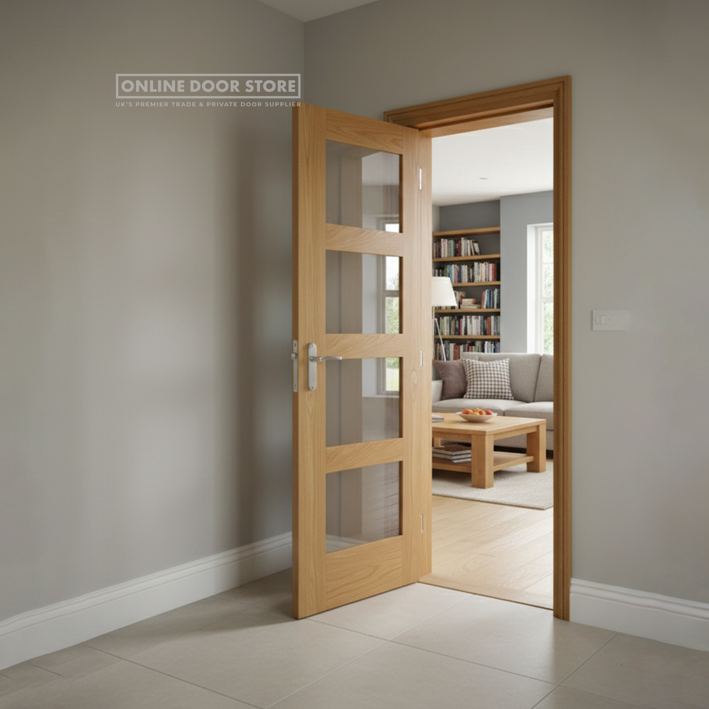 XL Joinery Shaker 4 Light Pre-finished Oak Clear Internal Glazed Door