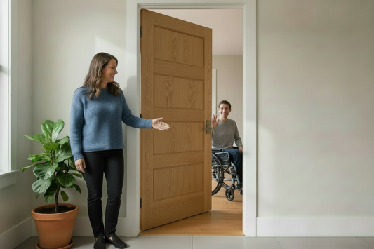 Lady greeting wheelchair-user at a doorway