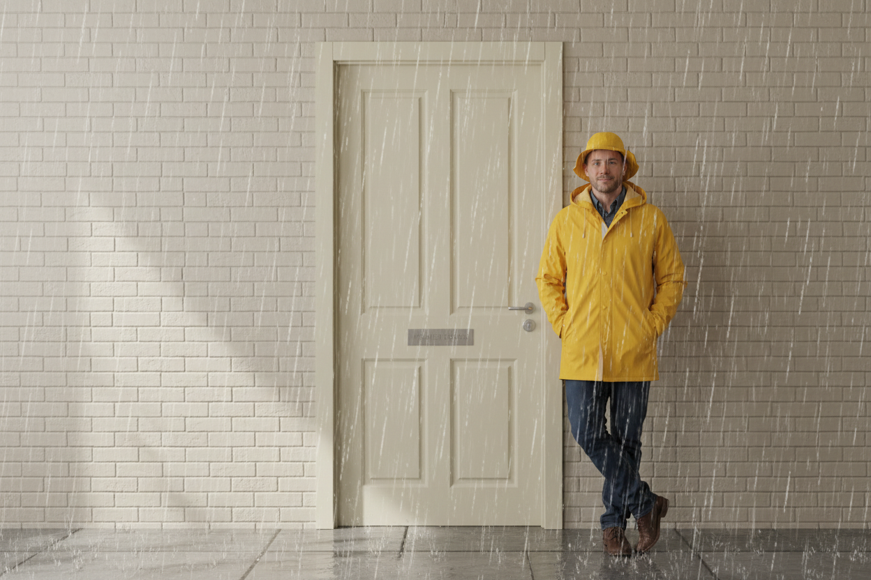 Man by a door in the rain
