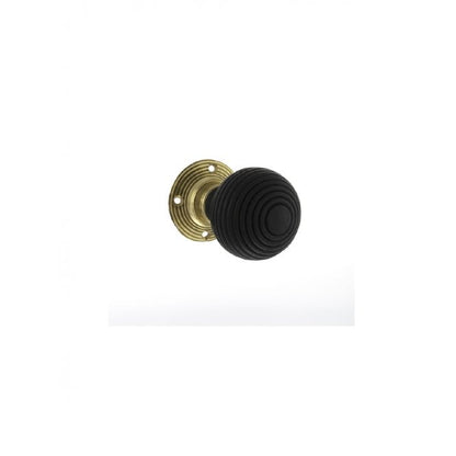 Atlantic Old English Whitby Ebony Wood Reeded Mortice Knob on 60mm Face Fix Rose - Polished Brass