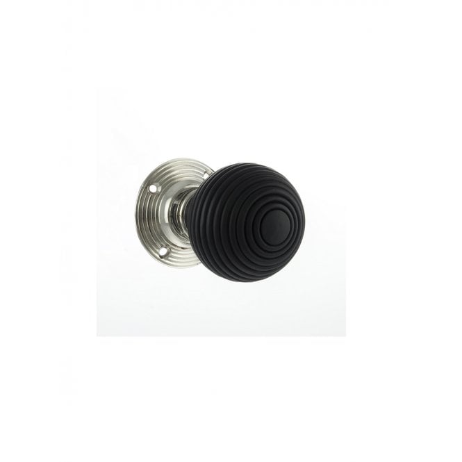 Atlantic Old English Whitby Ebony Wood Reeded Mortice Knob on 60mm Face Fix Rose - Polished Nickel