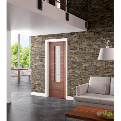 XL Joinery Portici Pre-finished Walnut Etched Clear Internal Glazed Door