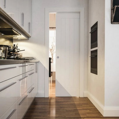 Deanta Single Pocket Door Kit 100mm - White Frame / Satin Chrome Hardware