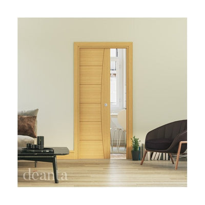 Deanta Single Pocket Door Kit 125mm - Oak Frame / Matt Black Hardware