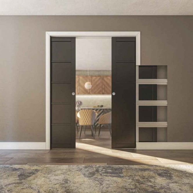 Deanta Double Pocket Door Kit 100mm - Oak Frame / Satin Chrome Hardware