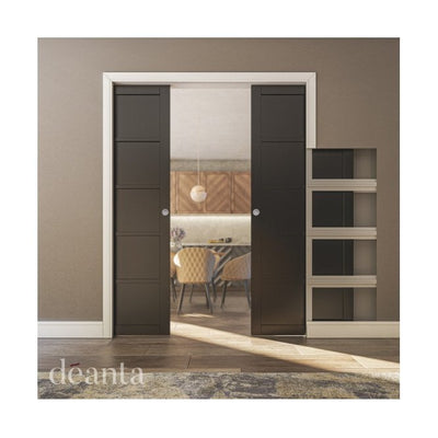 Deanta Double Pocket Door Kit 100mm - Oak Frame / Satin Chrome Hardware