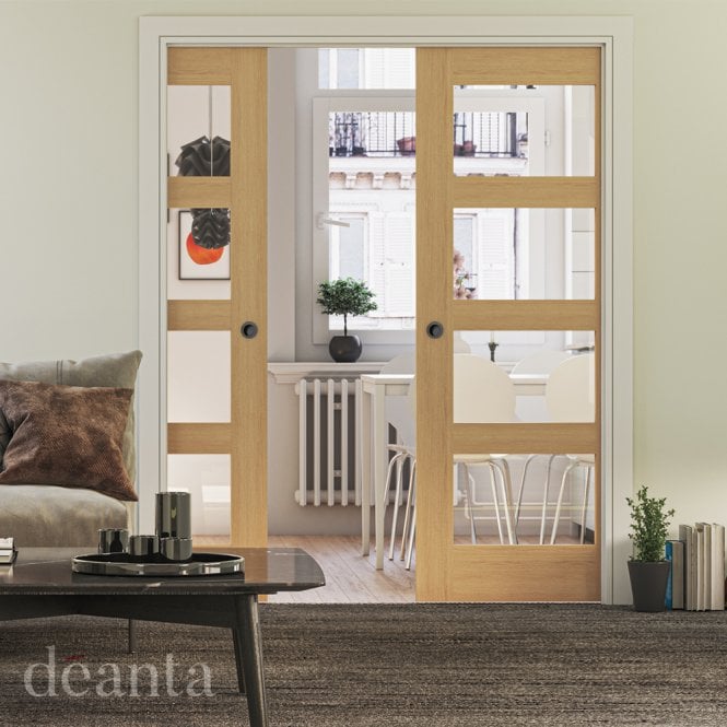 Deanta Double Pocket Door Kit 125mm - Oak Frame / Matt Black Hardware