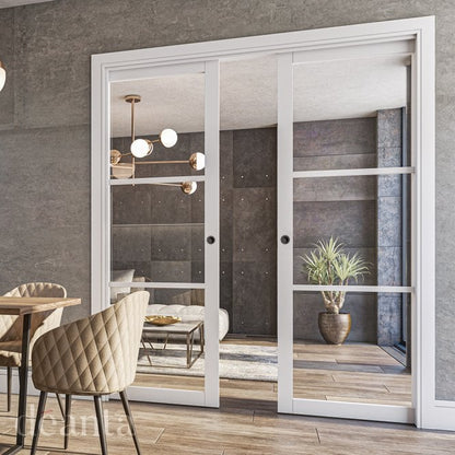 Deanta Double Pocket Door Kit 100mm - White Frame / Satin Chrome Hardware