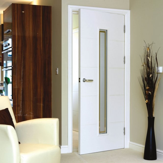 JB Kind Dominion Etched Glazed White Primed FD30 Fire Door