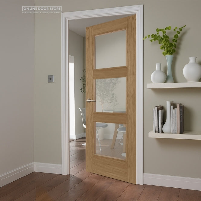 Mendes Madrid Raised Moulding Pre-Finished Oak 3 Light Clear Internal Glazed Door