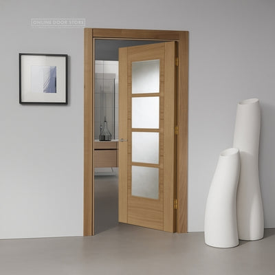 Mendes Iseo Crown Cut Pre-Finished Oak 4 light Glazed FD30 Fire Door
