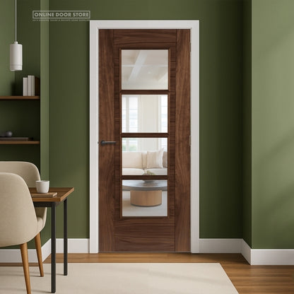 Mendes Iseo Solid Pre-Finished Walnut 4 Light Clear Glazed FD30 Fire Door