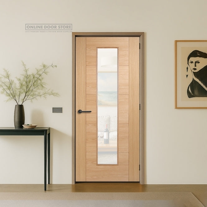Aster Horizontal Five Panel V-Groove Unfinished Oak Long Light Glazed Door