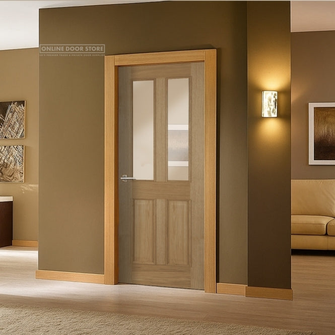 Mendes Oxford Raised Moulding Un-Finished Oak 2 Panel 2 Light Clear Glazed FD30 Fire Door