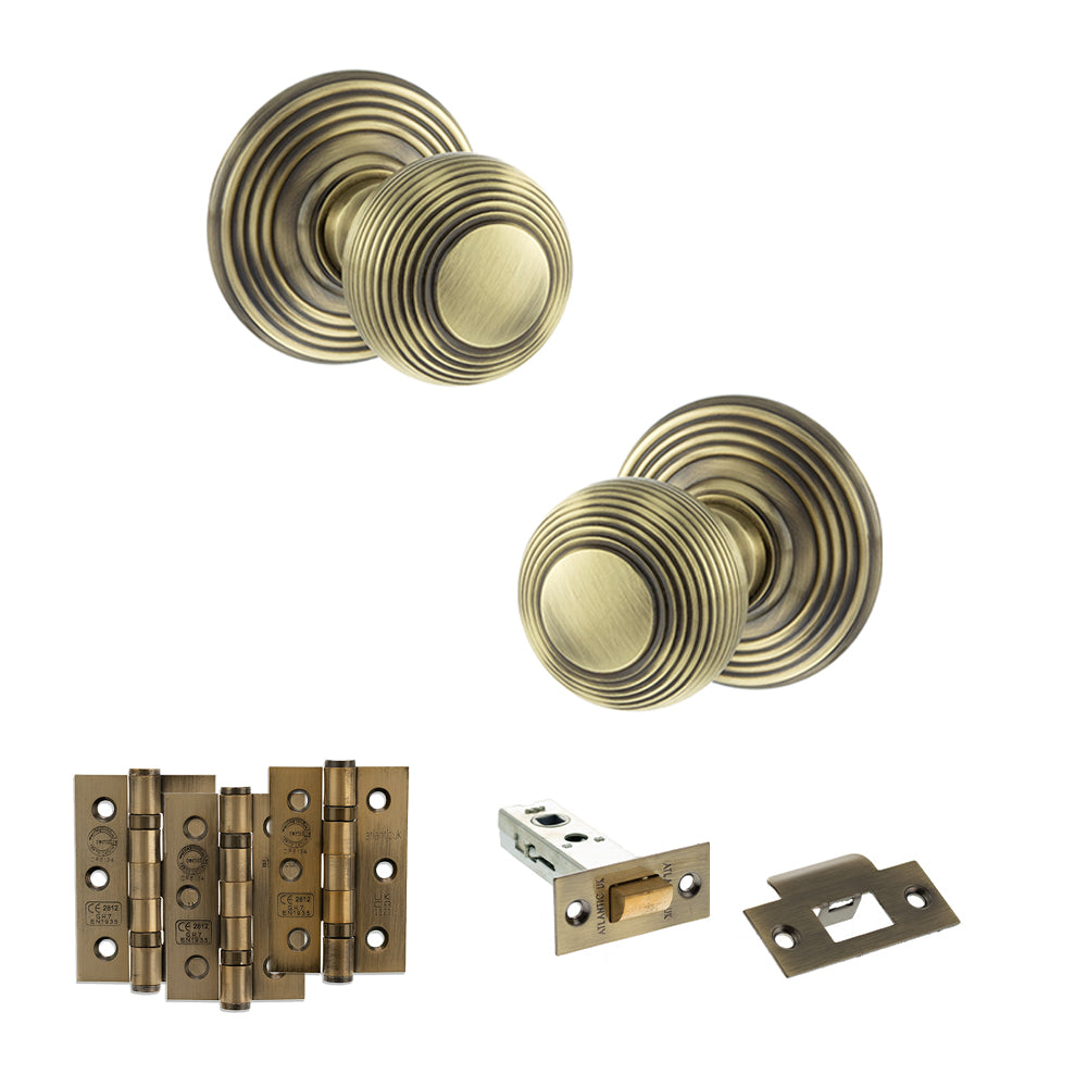 Atlantic Old English Ripon Door Knob Pack Latch Set - Antique Brass - Fire Door Pack