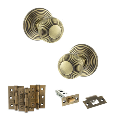 Atlantic Old English Ripon Door Knob Pack Latch Set - Antique Brass - Fire Door Pack