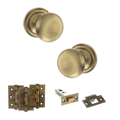 Atlantic Old English Harrogate Door Knob Pack Latch Set - Antique Brass - Fire Door Pack