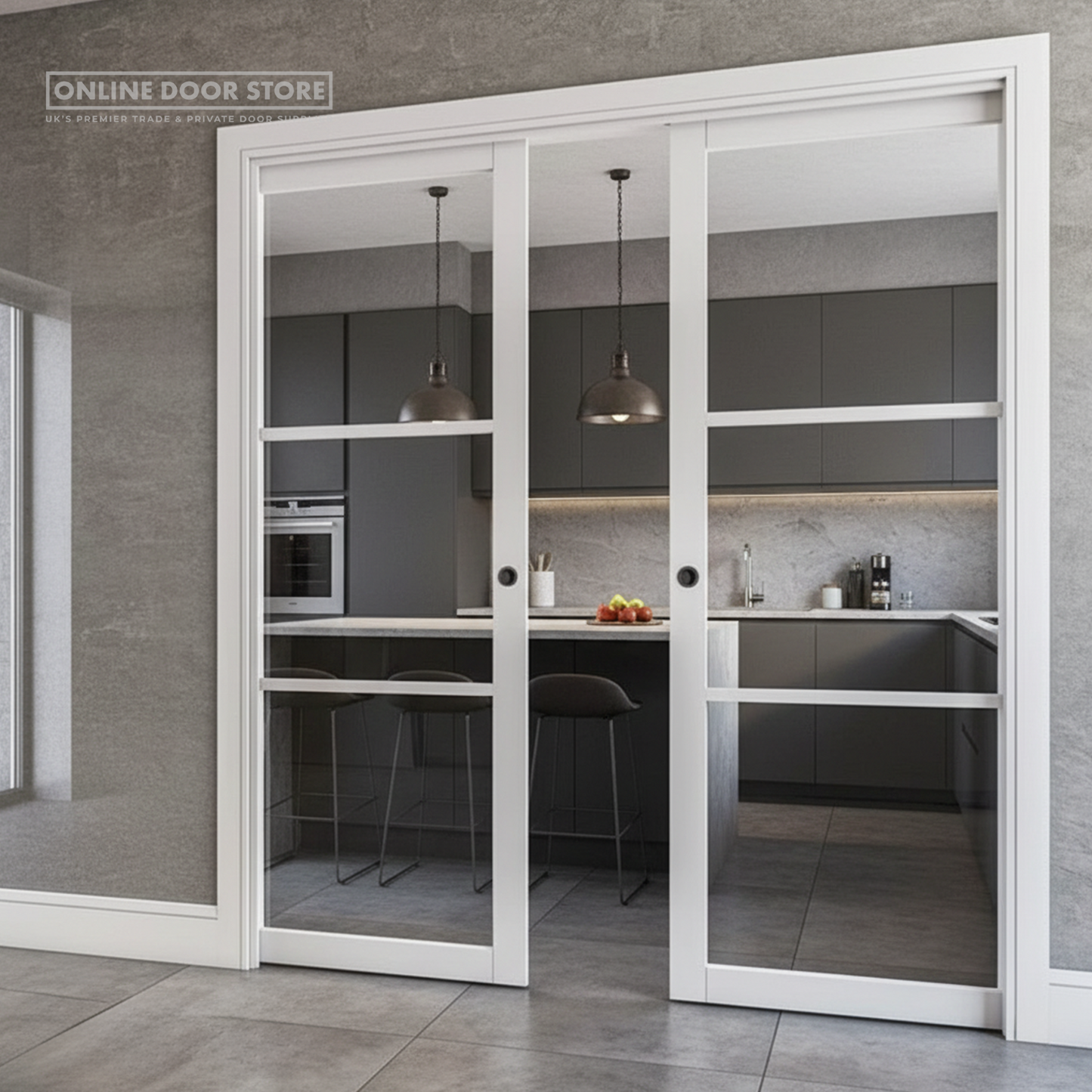 Deanta Double Pocket Door Kit 100mm - White Frame / Satin Chrome Hardware