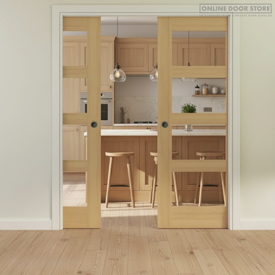 Deanta Double Pocket Door Kit 125mm - Oak Frame / Matt Black Hardware