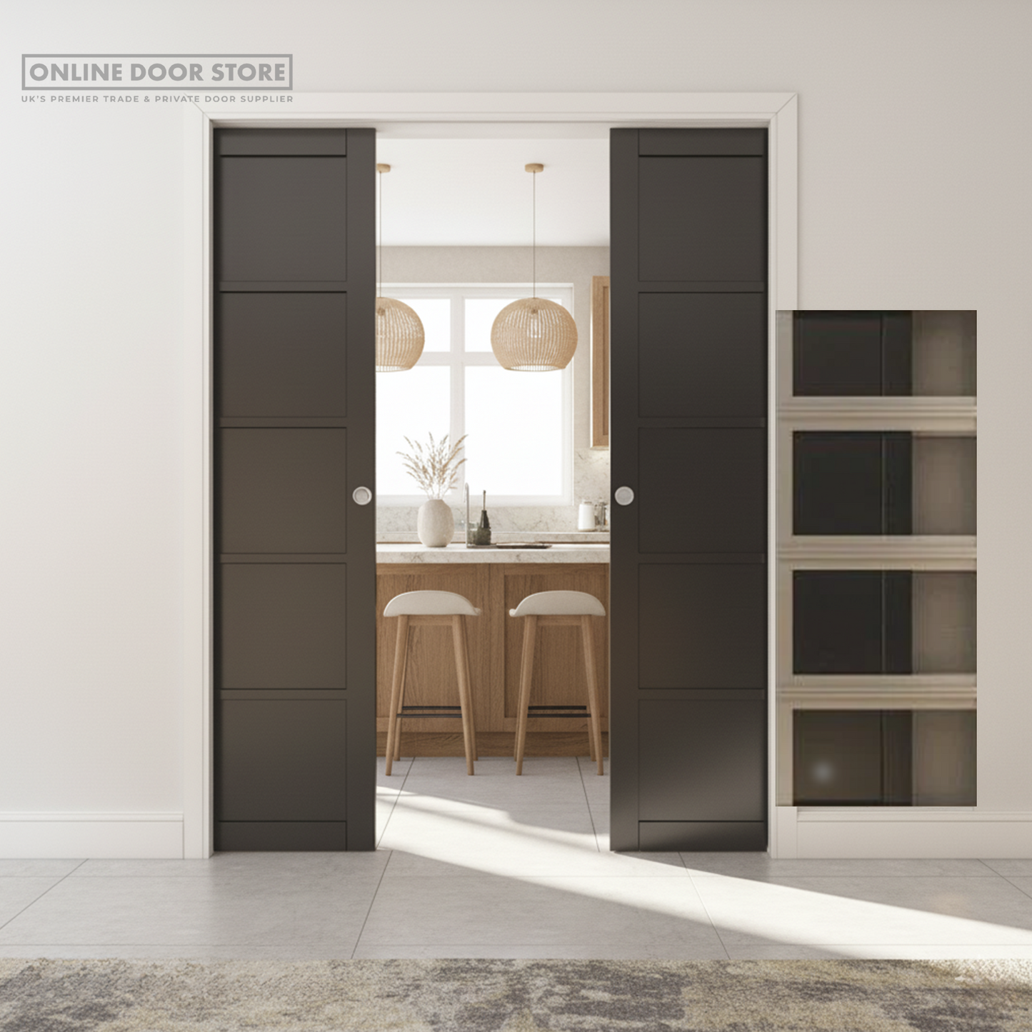 Deanta Double Pocket Door Kit 125mm - Oak Frame / Satin Chrome Hardware