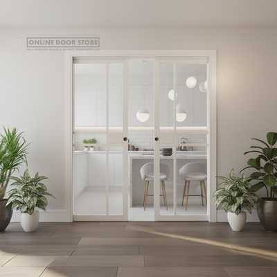 Deanta Double Pocket Door Kit 125mm - White Frame / Satin Chrome Hardware