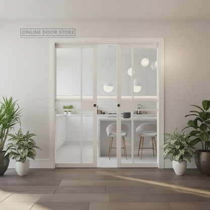 Deanta Double Pocket Door Kit 125mm - White Frame / Satin Chrome Hardware