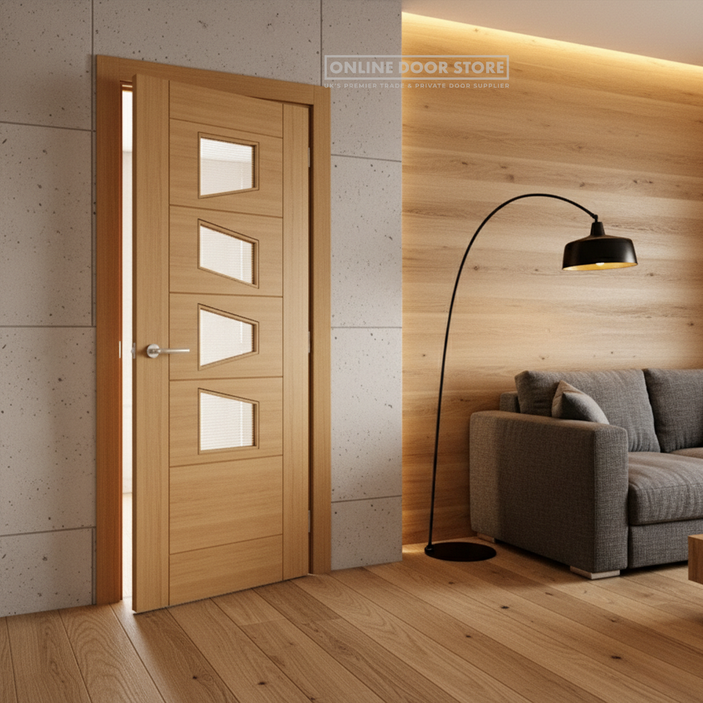 Deanta Seville Prefinished Oak Internal Glazed Door (4L Slanted)