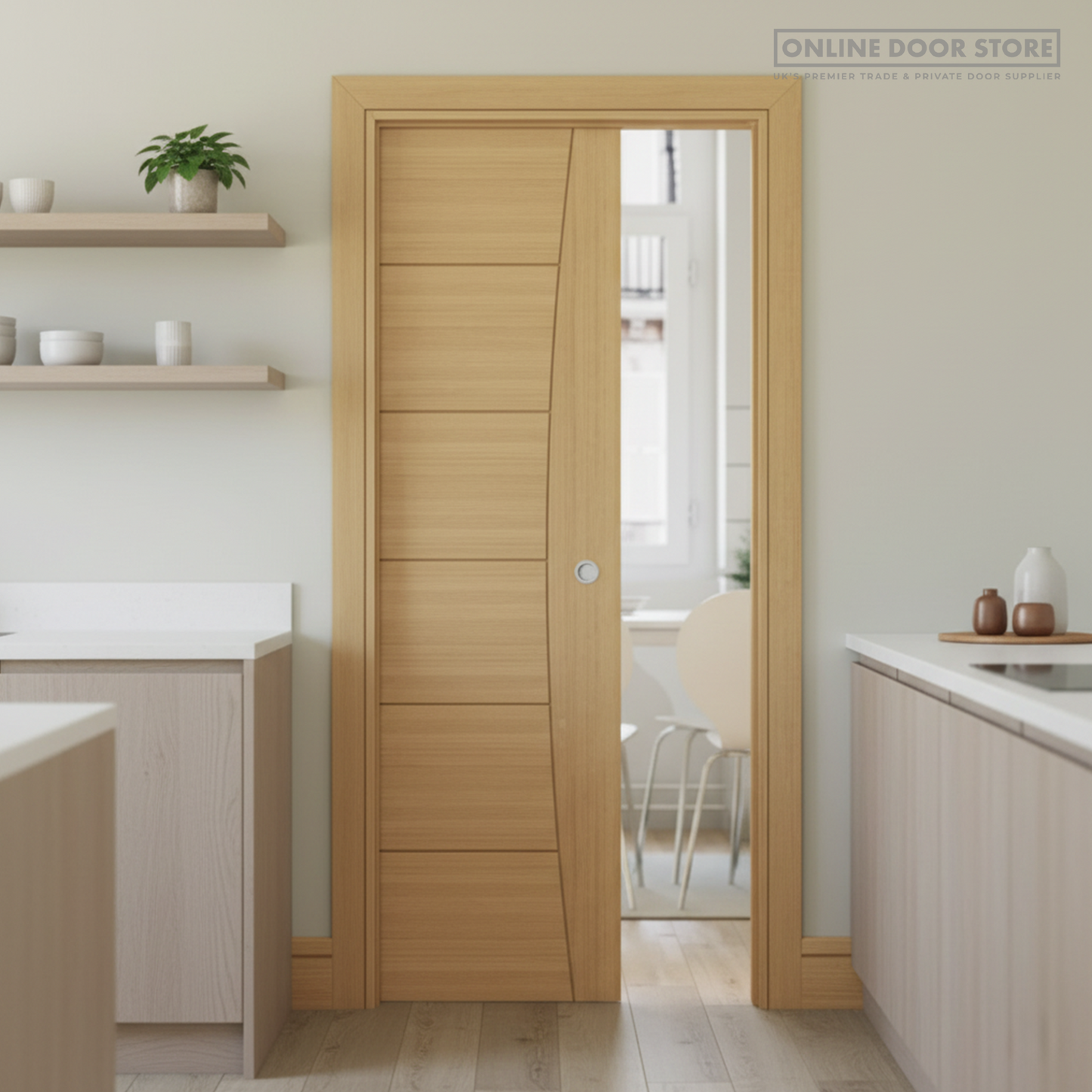 Deanta Single Pocket Door Kit 100mm - Oak Frame / Satin Chrome Hardware