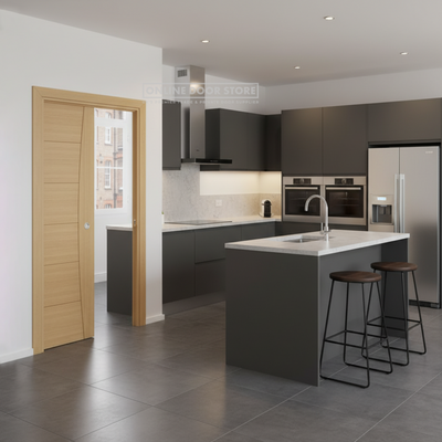 Deanta Single Pocket Door Kit 125mm - Oak Frame / Matt Black Hardware