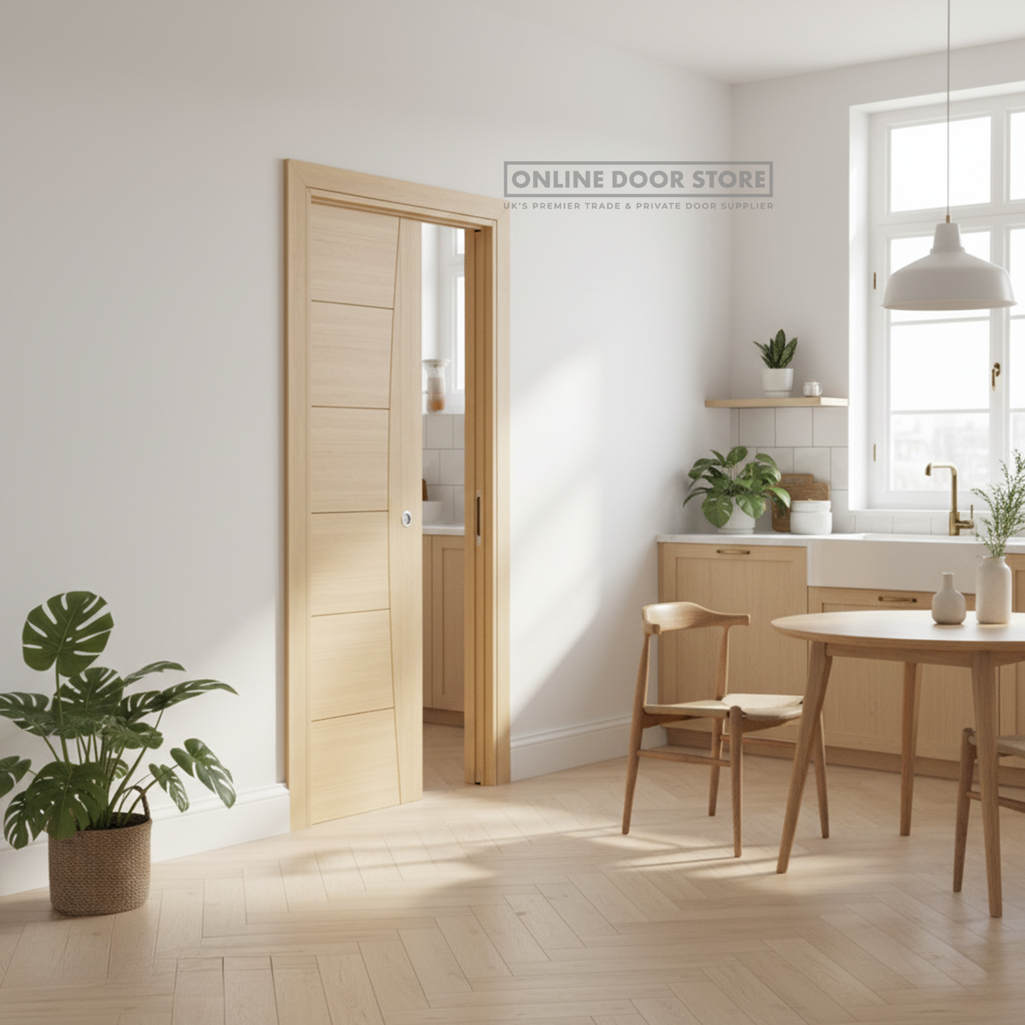 Deanta Single Pocket Door Kit 125mm - Oak Frame / Satin Chrome Hardware