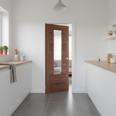 XL Joinery Portici Pre-finished Walnut Etched Clear Internal Glazed Door